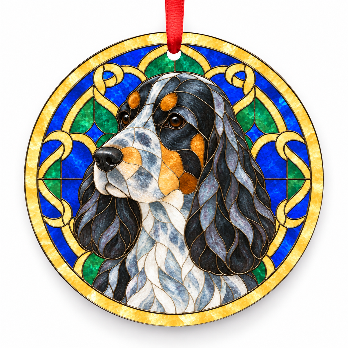 English Cocker Spaniel Blue Roan and Tan stained glass style Christmas ornament with red ribbon — ORN-10622