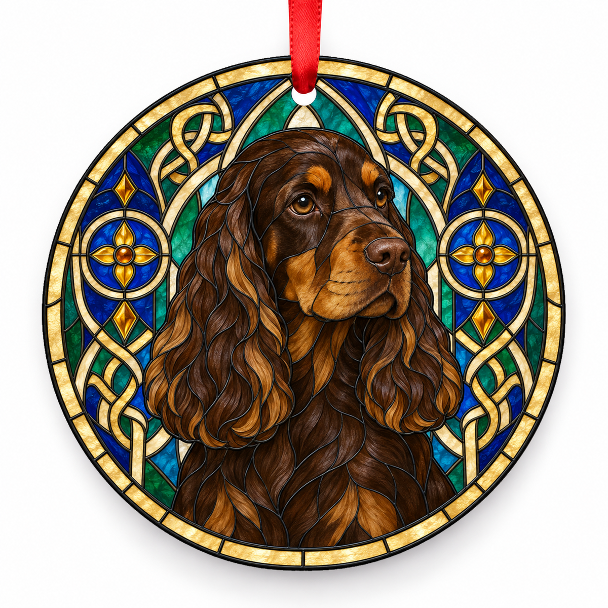 English Cocker Spaniel Liver and Tan stained glass style Christmas ornament with red ribbon — ORN-10623