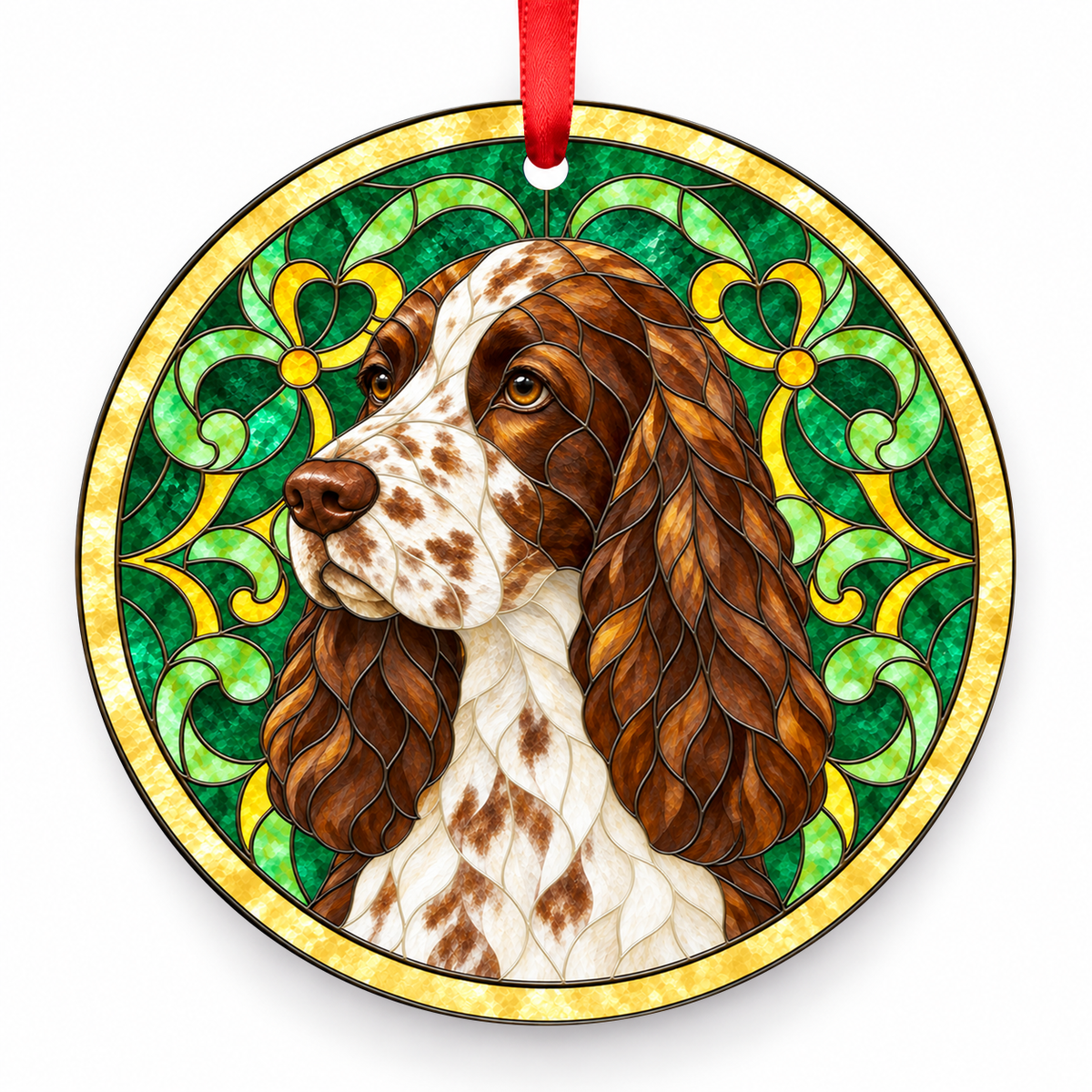 English Cocker Spaniel Liver Roan stained glass style Christmas ornament with red ribbon — ORN-10625