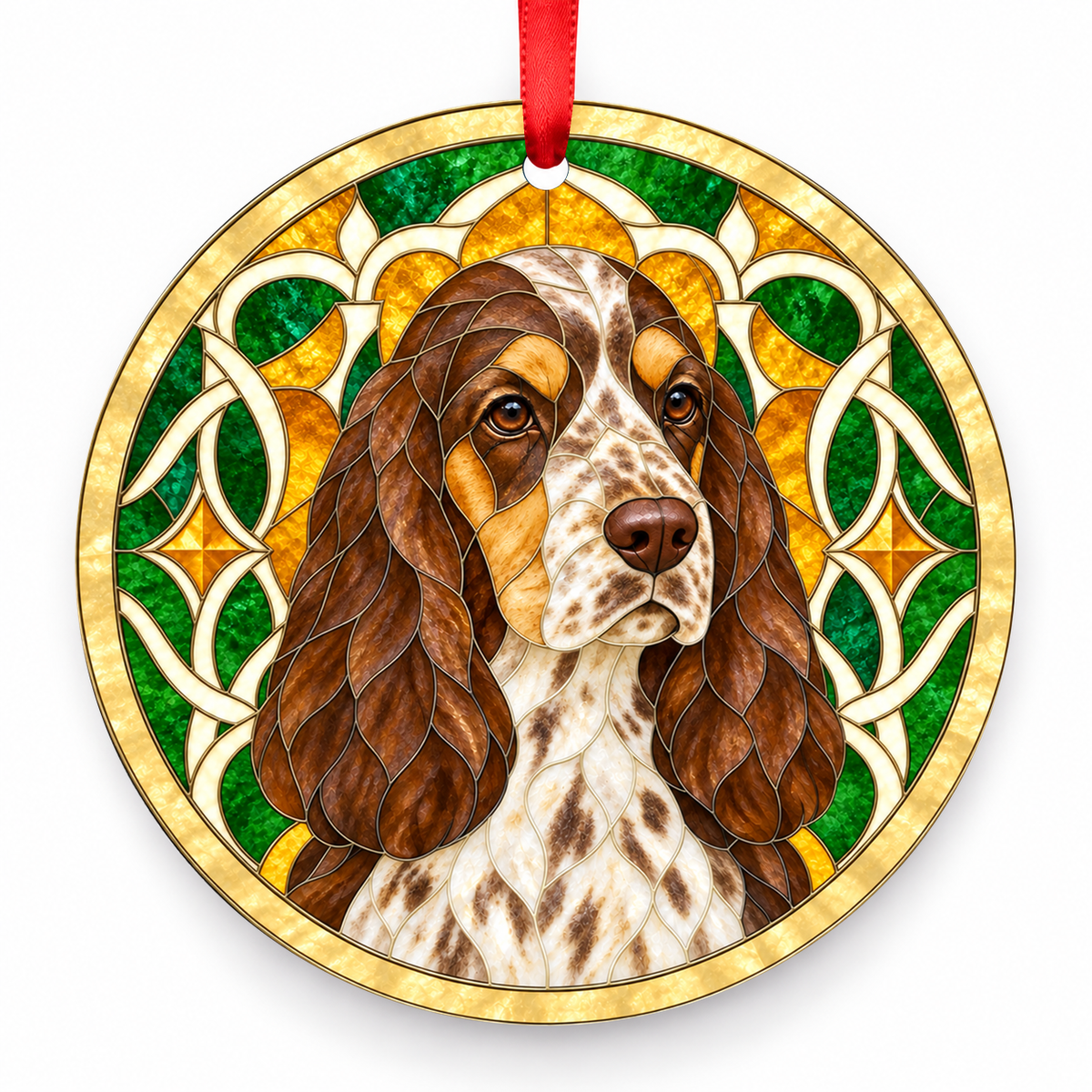 English Cocker Spaniel Liver Roan and Tan stained glass style Christmas ornament with red ribbon — ORN-10626