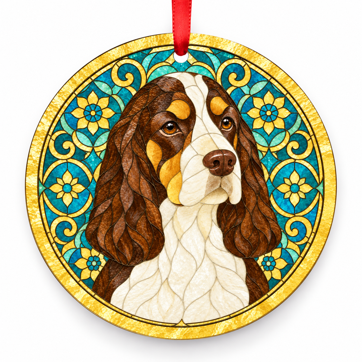 English Cocker Spaniel Liver, White and Tan stained glass style Christmas ornament with red ribbon — ORN-10627