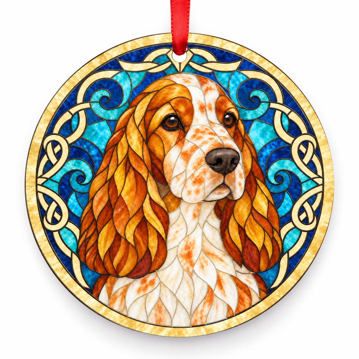English Cocker Spaniel Orange Roan stained glass style Christmas ornament with red ribbon — ORN-10629