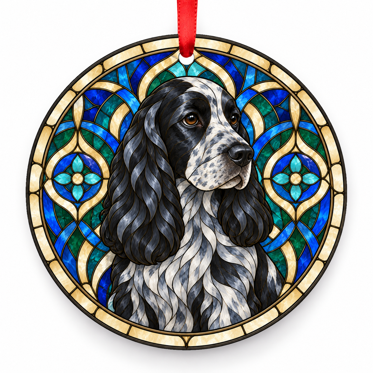 English Cocker Spaniel Blue Roan stained glass style Christmas ornament with red ribbon — ORN-10630