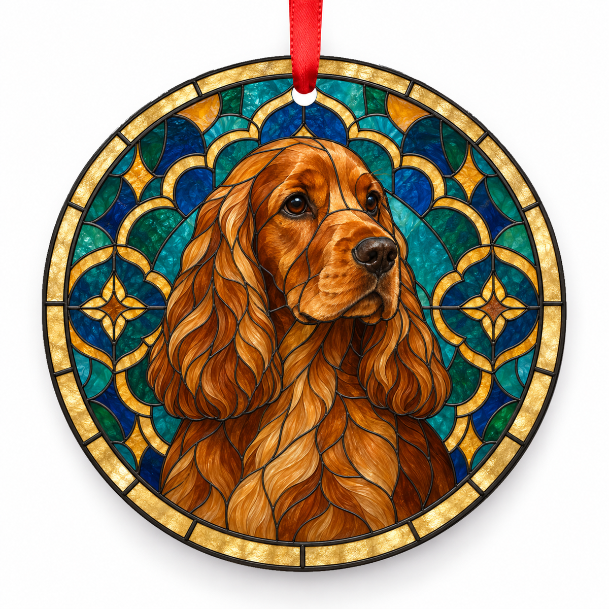 English Cocker Spaniel Red Golden stained glass style Christmas ornament with red ribbon — ORN-10631