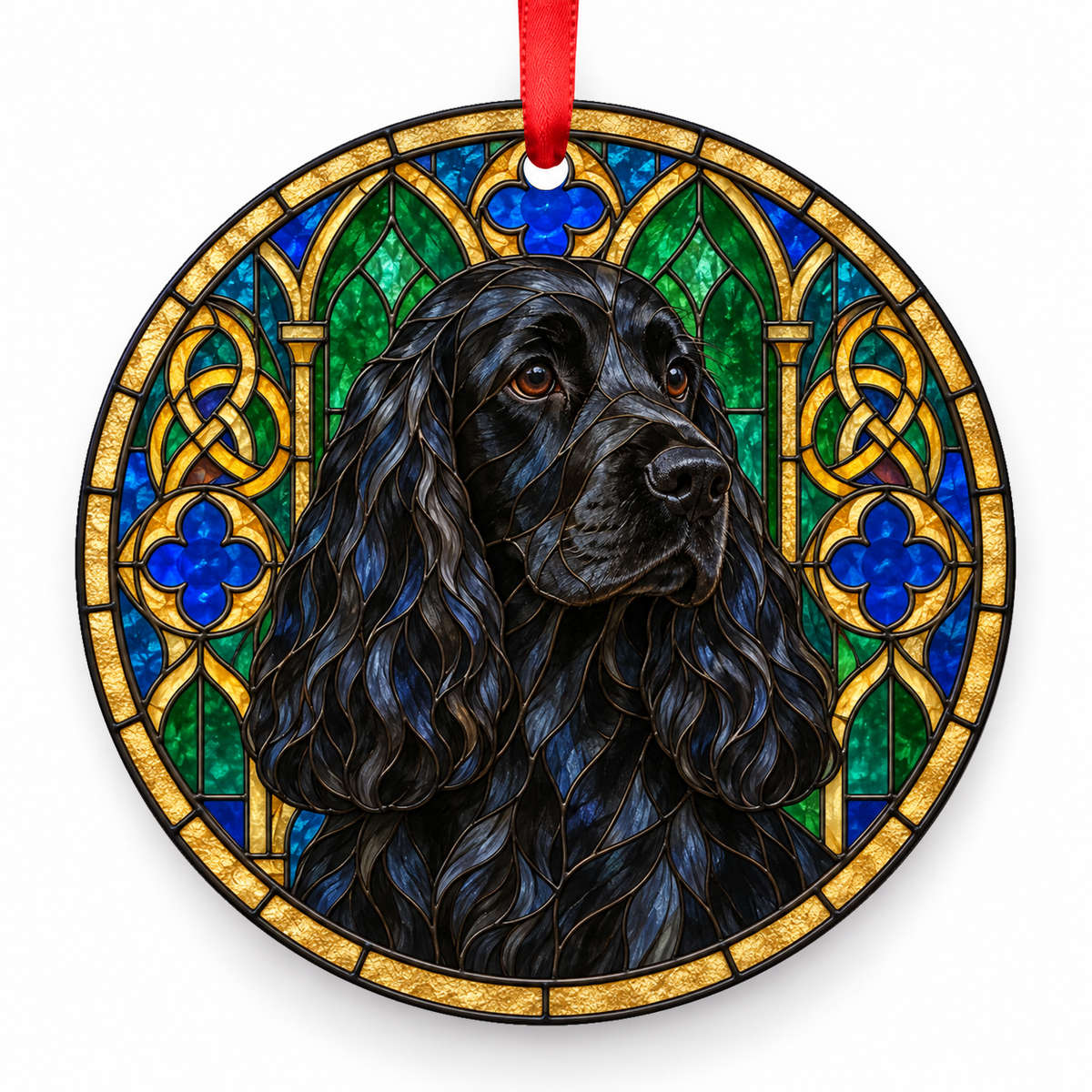 English Cocker Spaniel Solid Black stained glass style Christmas ornament with red ribbon — ORN-10632