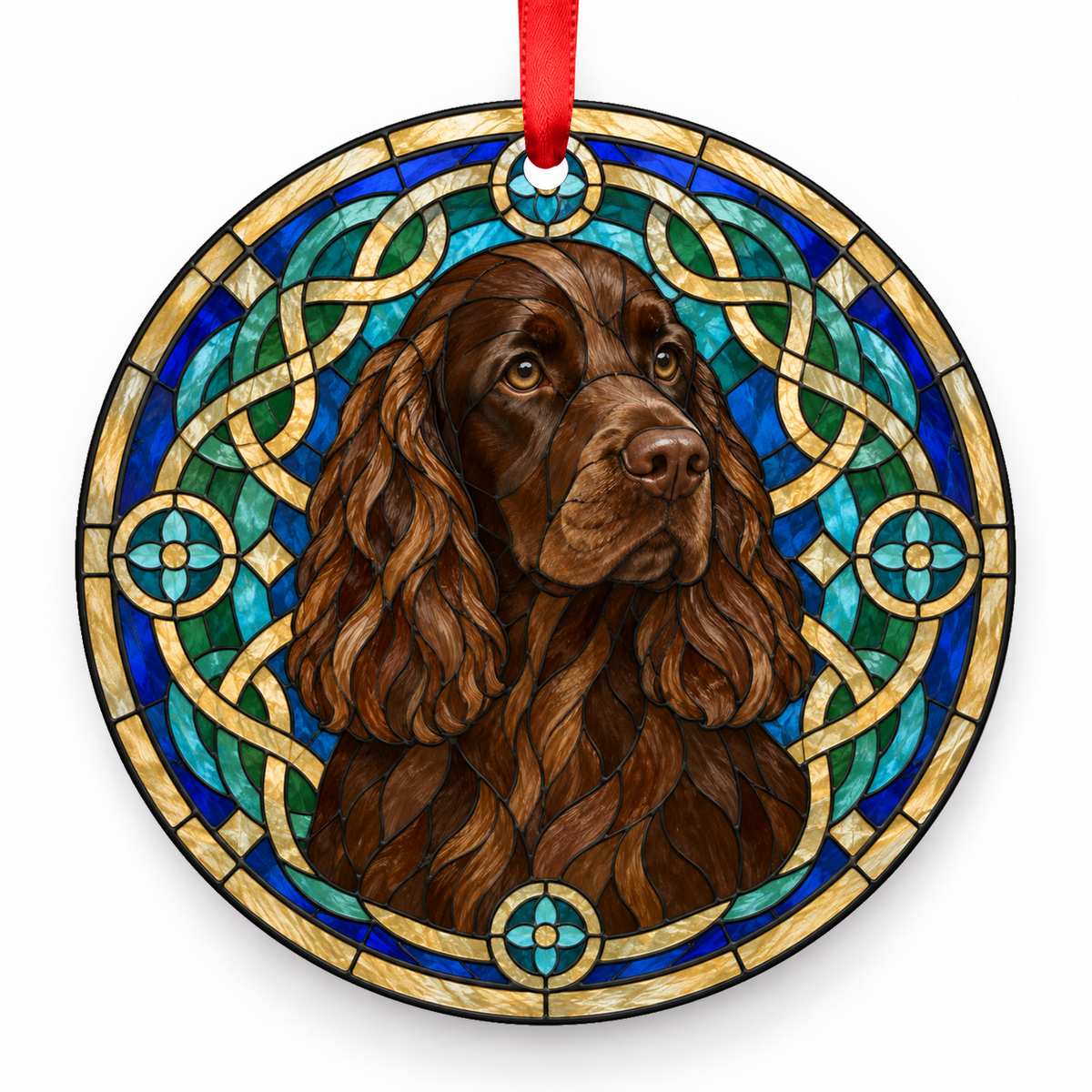 English Cocker Spaniel Solid Liver stained glass style Christmas ornament with red ribbon — ORN-10633