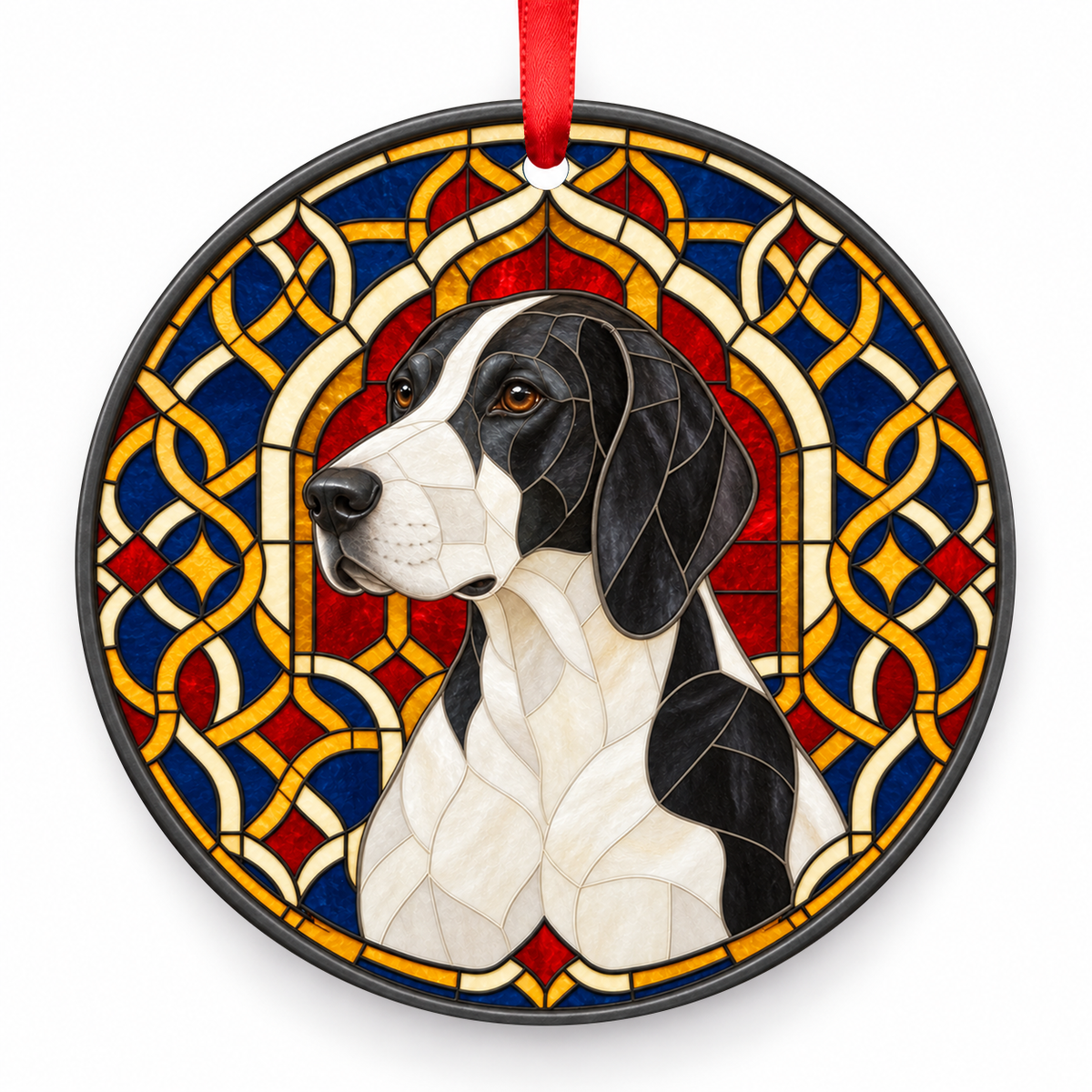 English Foxhound Black, White stained glass style Christmas ornament with red ribbon — ORN-10635