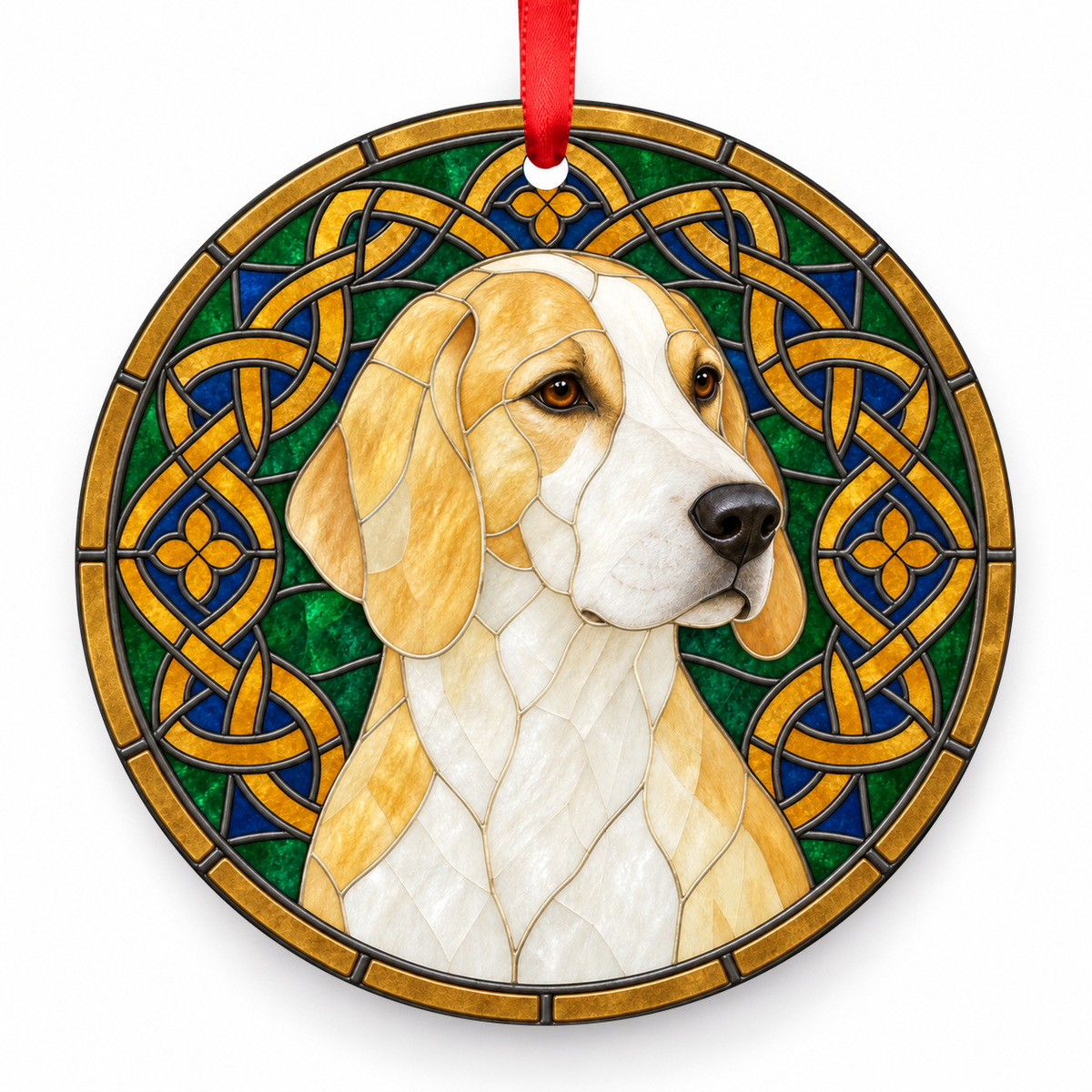 English Foxhound Lemon White stained glass style Christmas ornament with red ribbon — ORN-10638