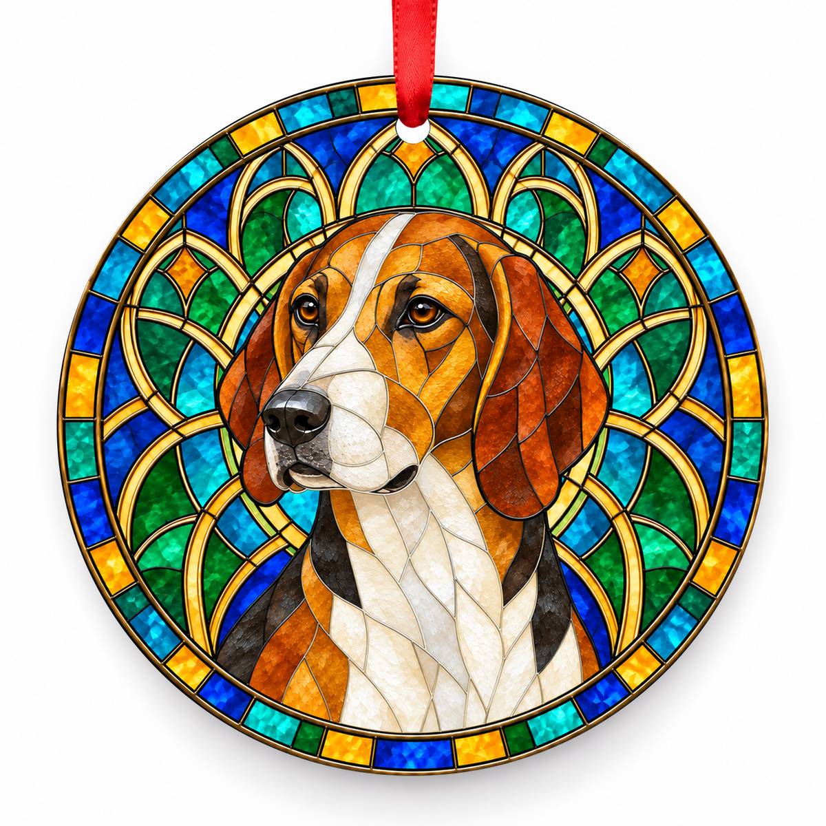 English Foxhound Tricolor stained glass style Christmas ornament with red ribbon — ORN-10639