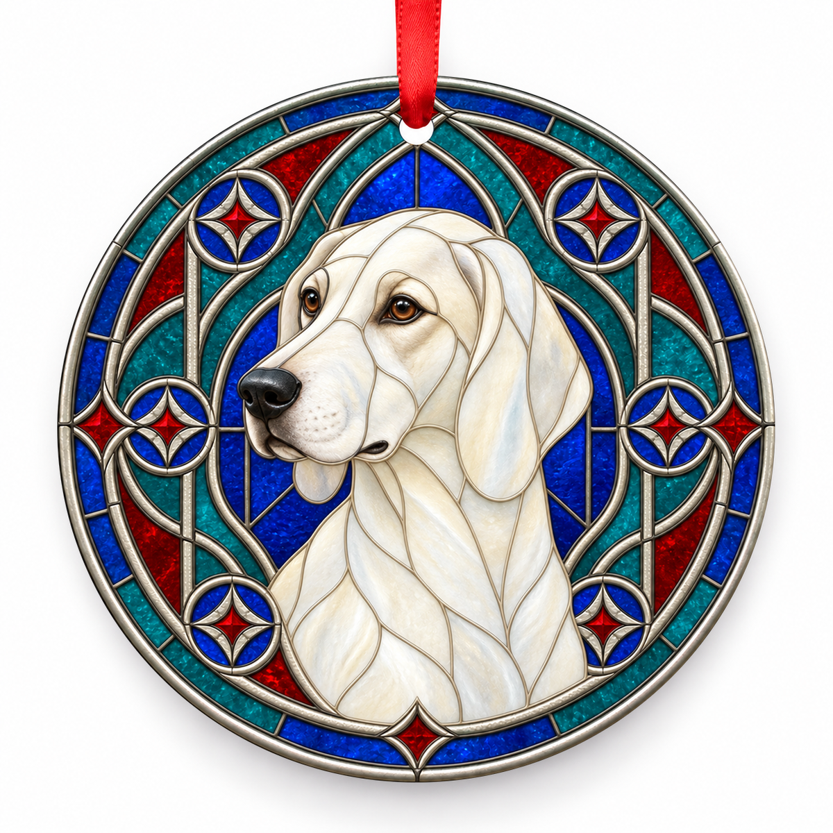 English Foxhound White stained glass style Christmas ornament with red ribbon — ORN-10641