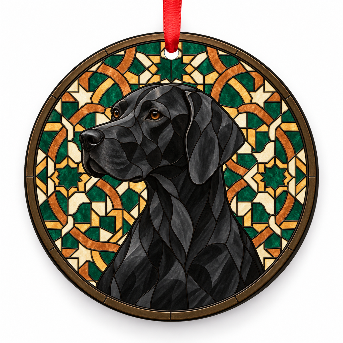 Black English Pointer stained glass style porcelain Christmas ornament with red ribbon