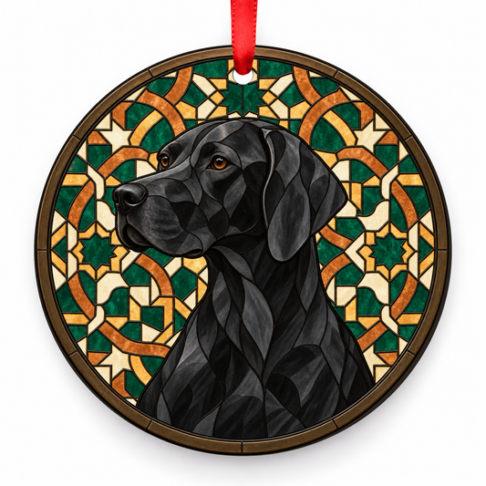 Black English Pointer stained glass style porcelain Christmas ornament with red ribbon