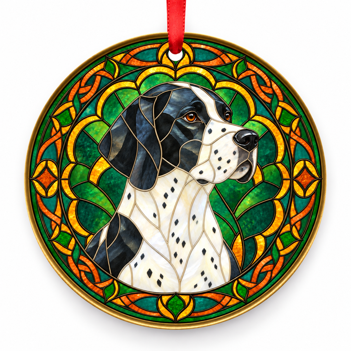 Black, White English Pointer stained glass style porcelain Christmas ornament with red ribbon