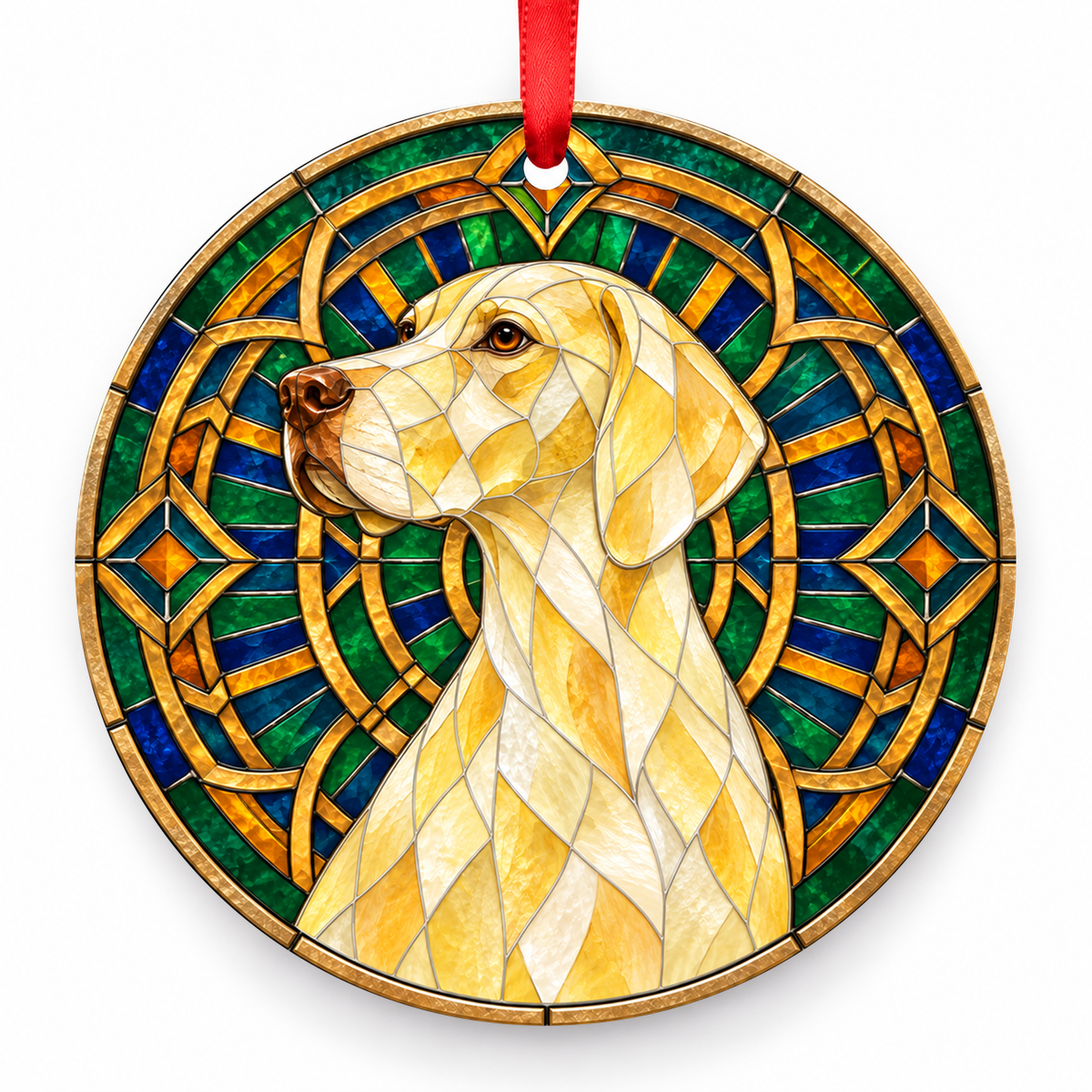 Lemon English Pointer stained glass style porcelain Christmas ornament with red ribbon