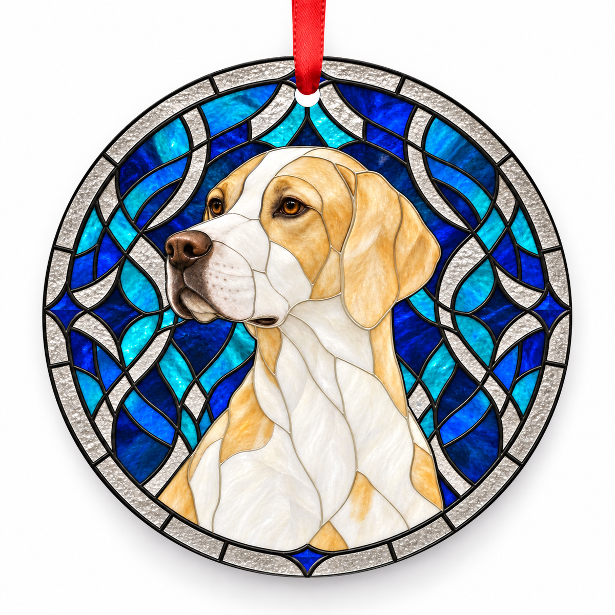 Lemon White English Pointer stained glass style porcelain Christmas ornament with red ribbon