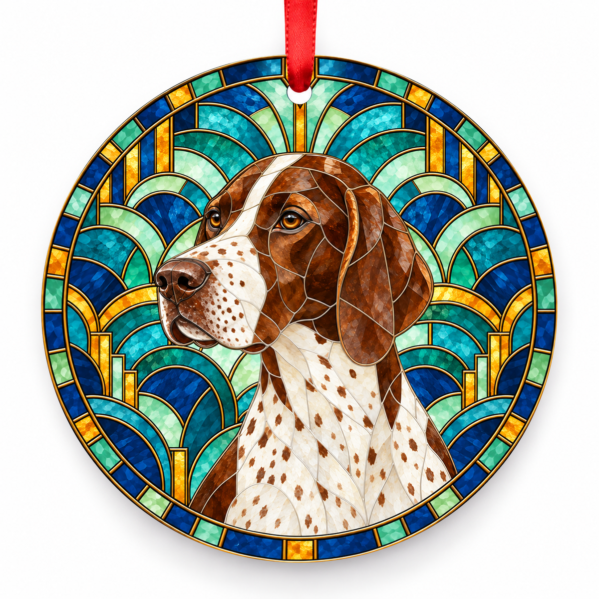 Liver and White English Pointer stained glass style porcelain Christmas ornament with red ribbon