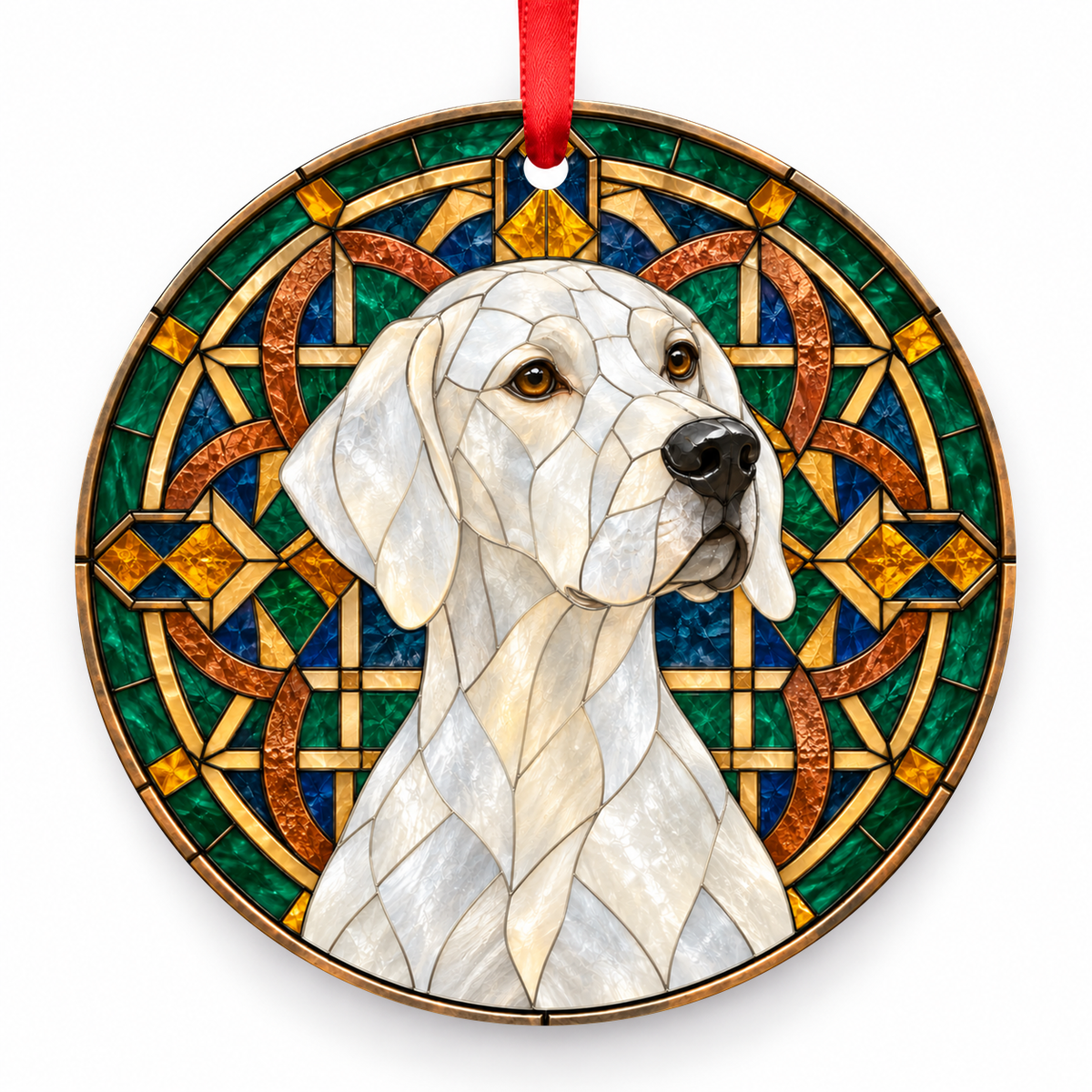 White English Pointer stained glass style porcelain Christmas ornament with red ribbon