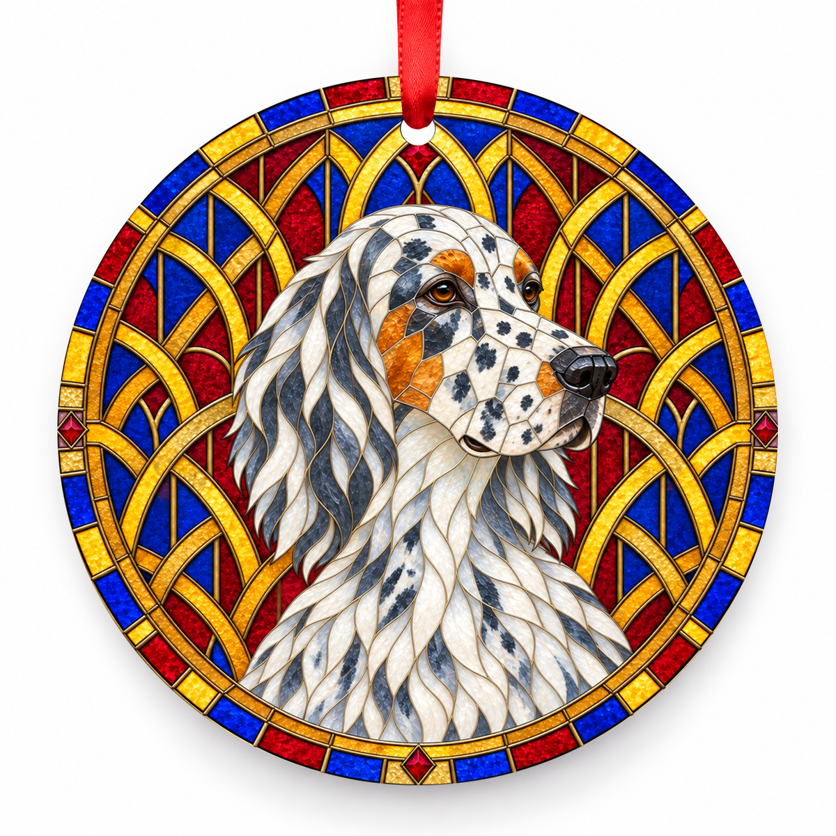Blue Belton Tan English Setter stained glass style porcelain Christmas ornament with red ribbon