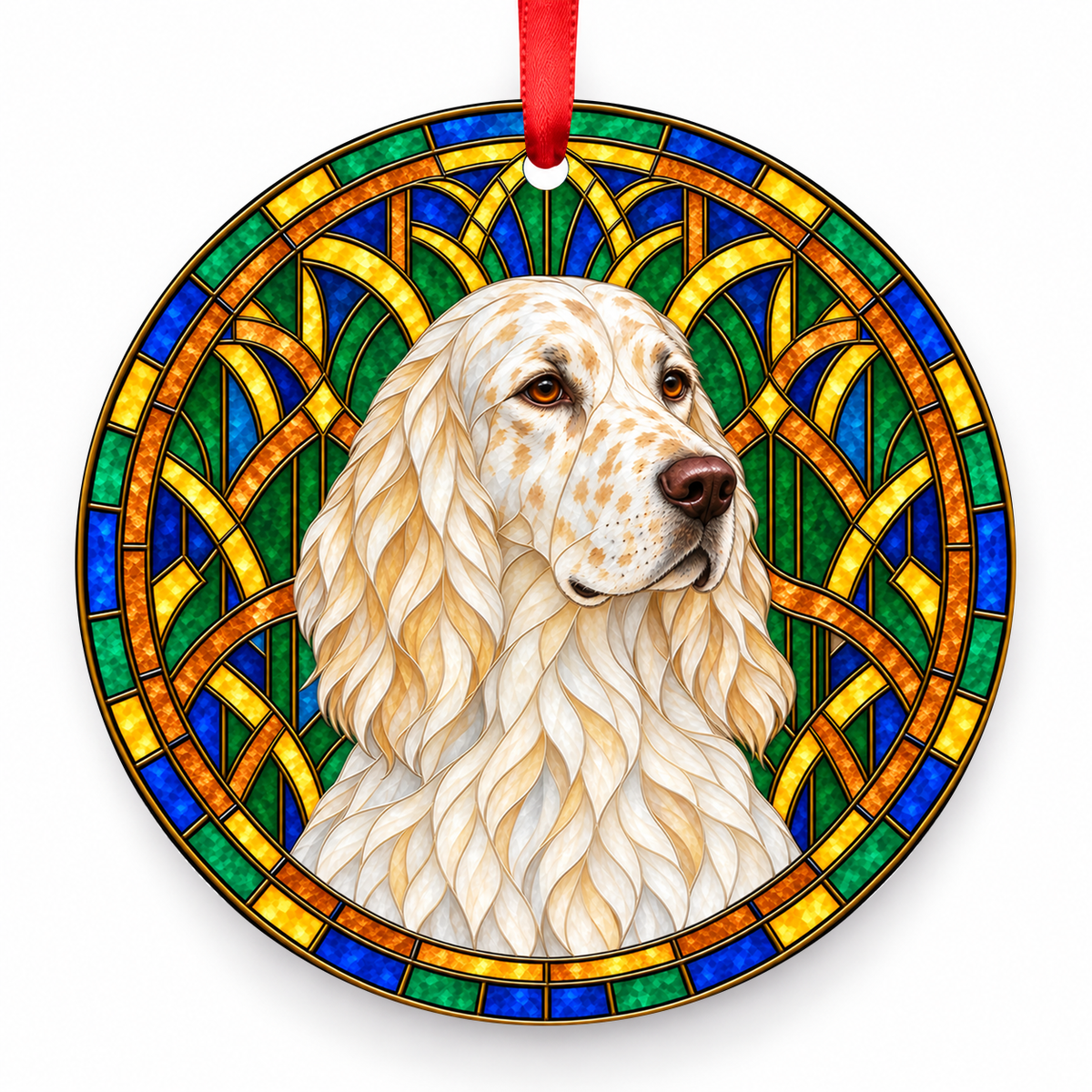 Lemon Belton English Setter stained glass style porcelain Christmas ornament with red ribbon