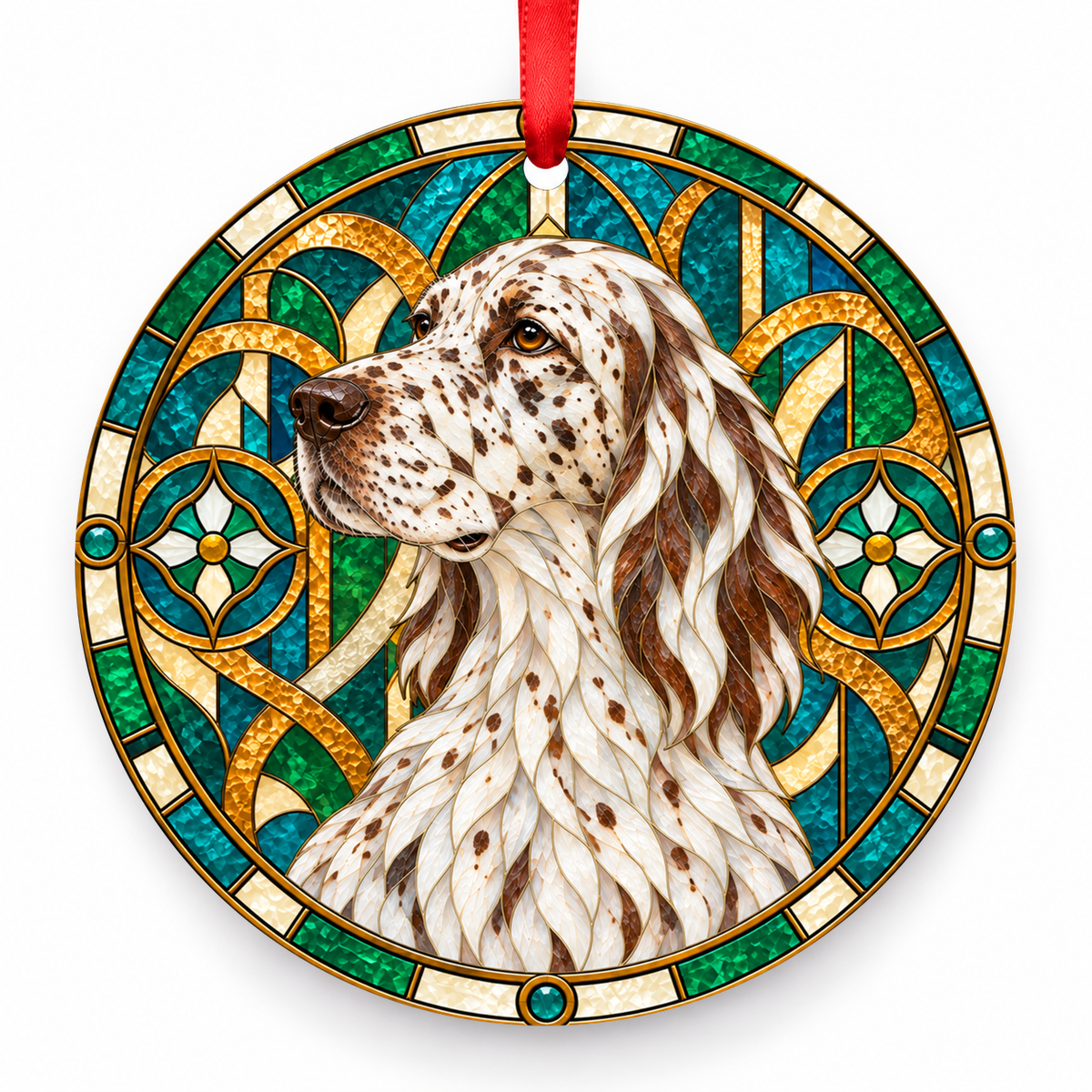 Liver Belton English Setter stained glass style porcelain Christmas ornament with red ribbon