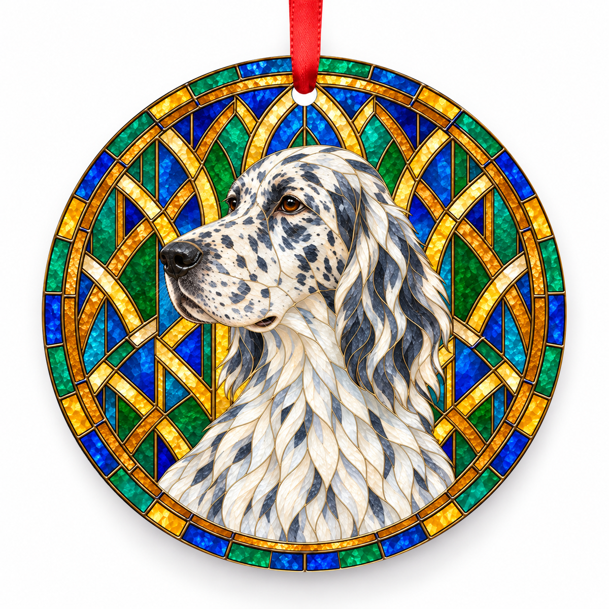 Blue Belton English Setter stained glass style porcelain Christmas ornament with red ribbon