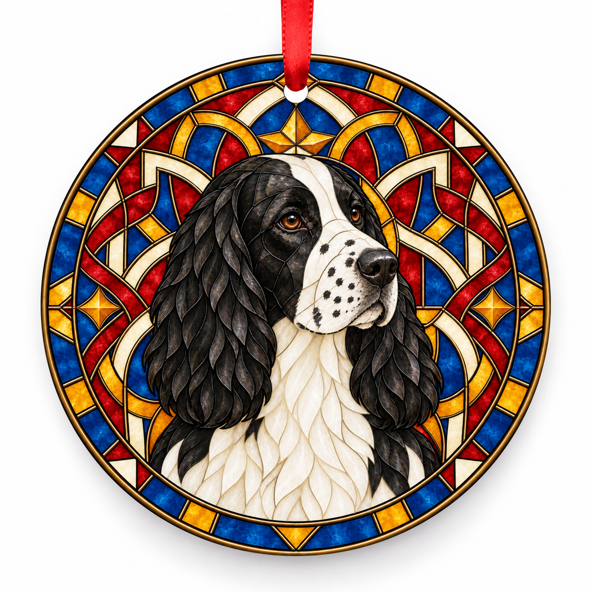 Black, White English Springer Spaniel stained glass style porcelain Christmas ornament with red ribbon