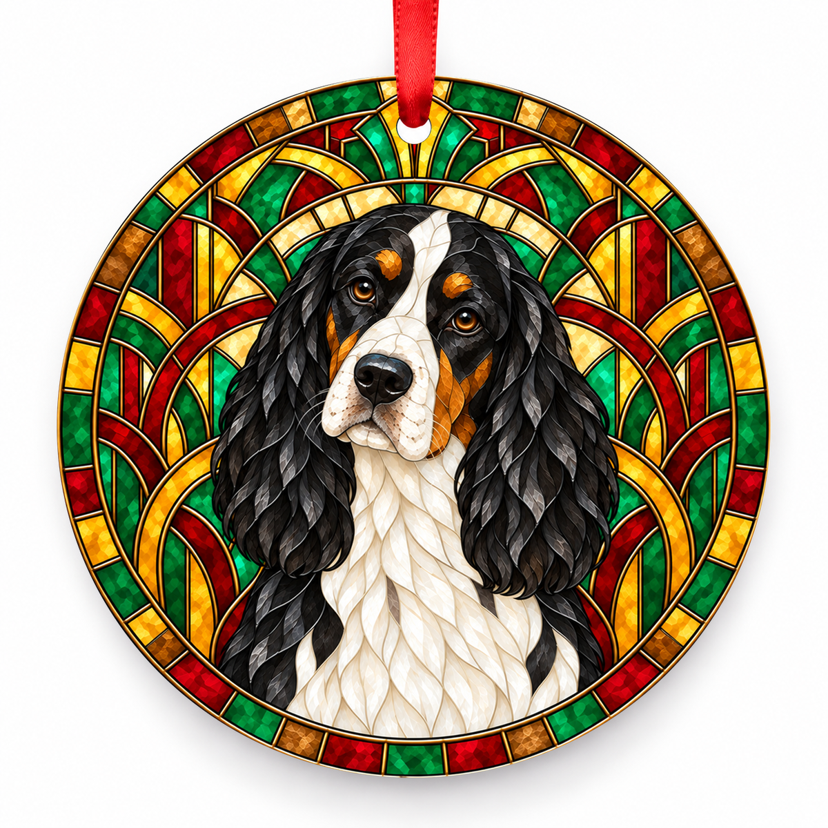 Black, White Tan English Springer Spaniel stained glass style porcelain Christmas ornament with red ribbon