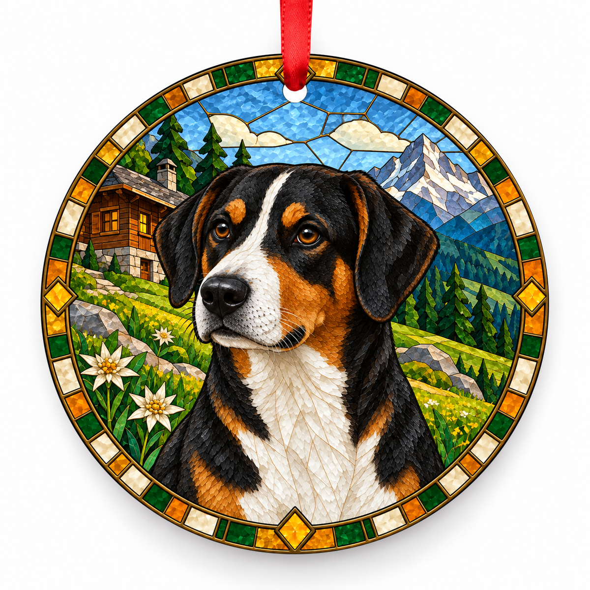 Tricolor Entlebuch Cattle Dog stained glass style porcelain Christmas ornament with red ribbon