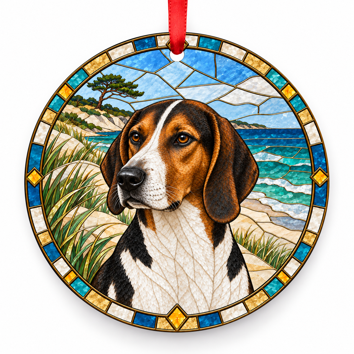 Tricolor Estonian Hound stained glass style porcelain Christmas ornament with red ribbon