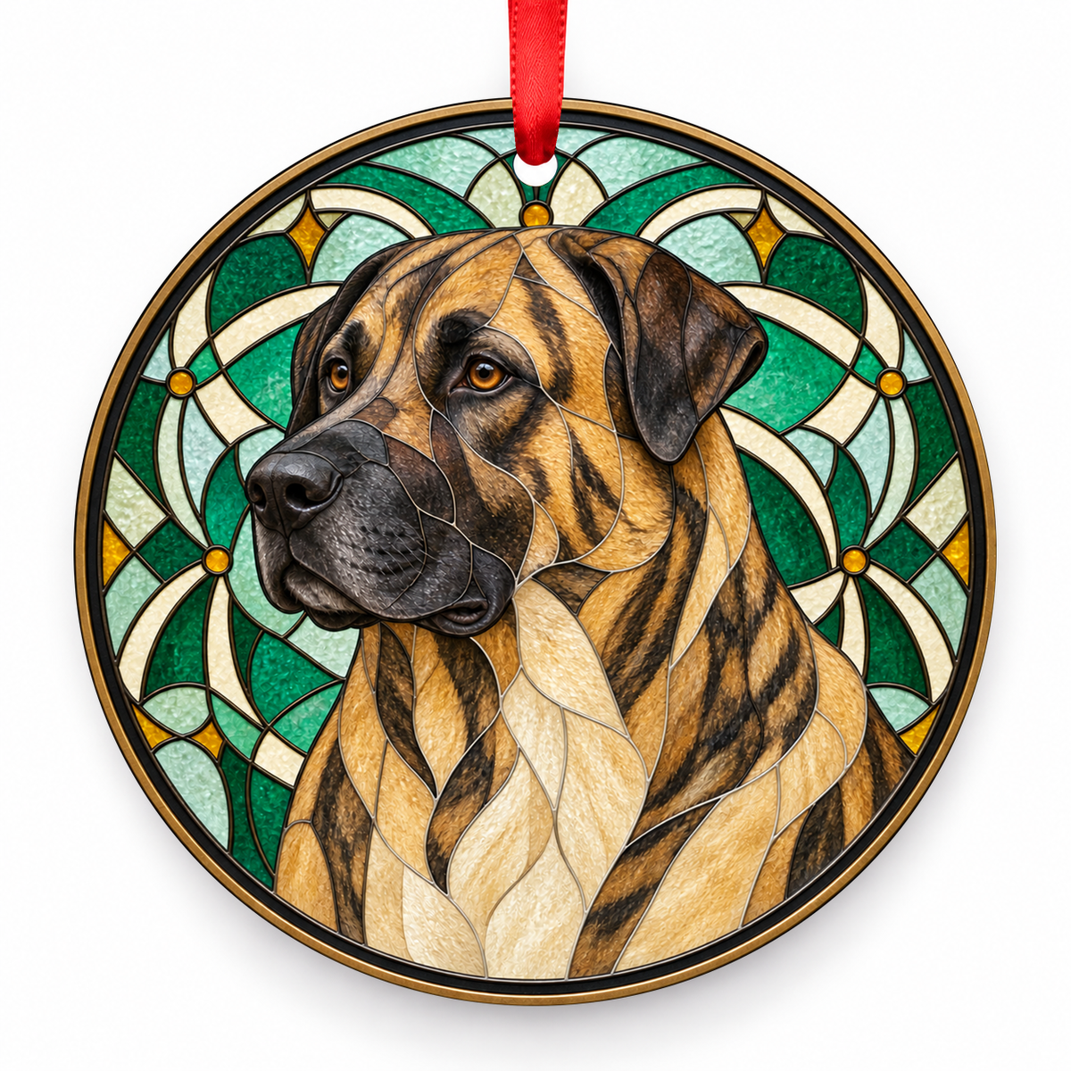 Brindle Estrela Mountain Dog stained glass style porcelain Christmas ornament with red ribbon