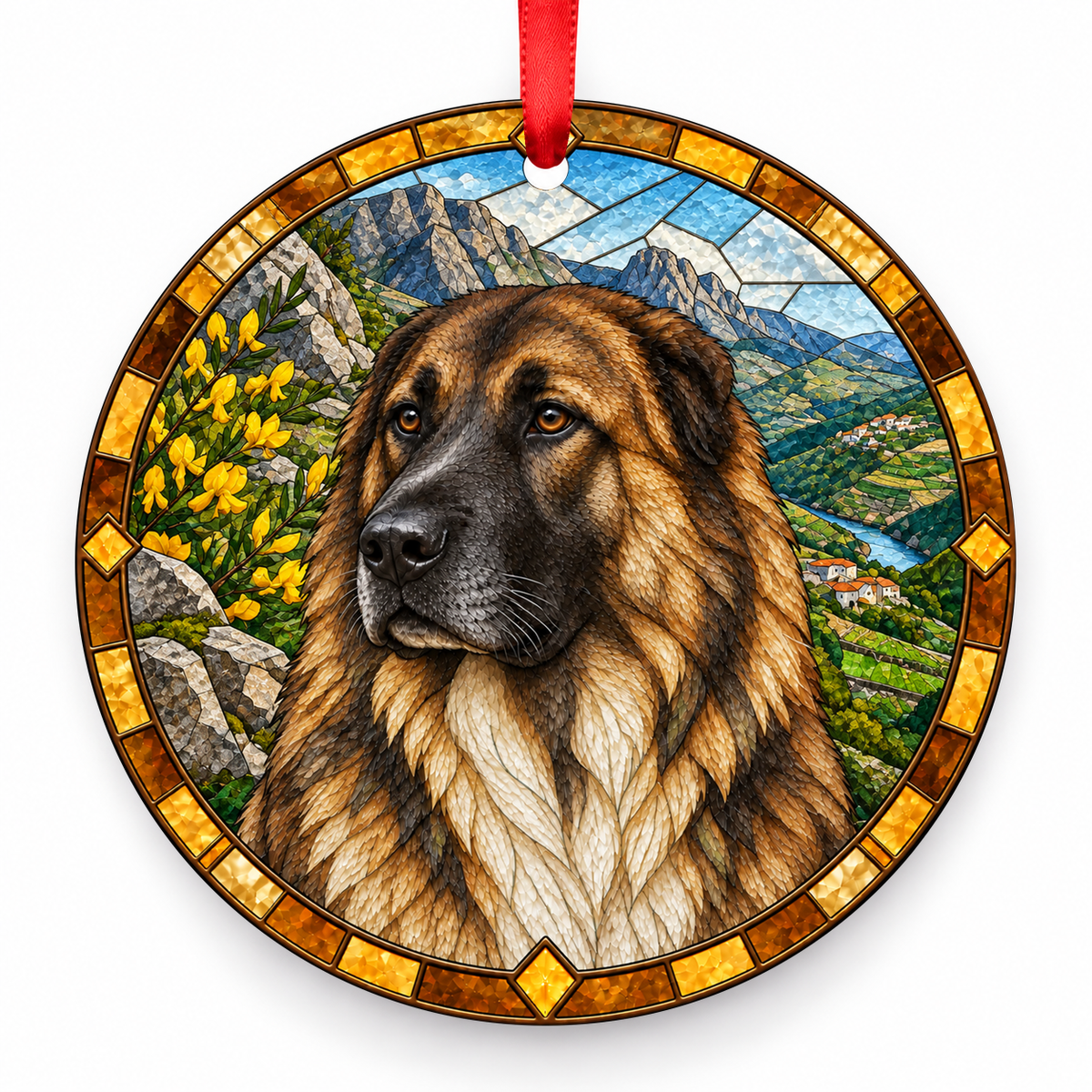 Fawn Black Mask Estrela Mountain Dog stained glass style porcelain Christmas ornament with red ribbon