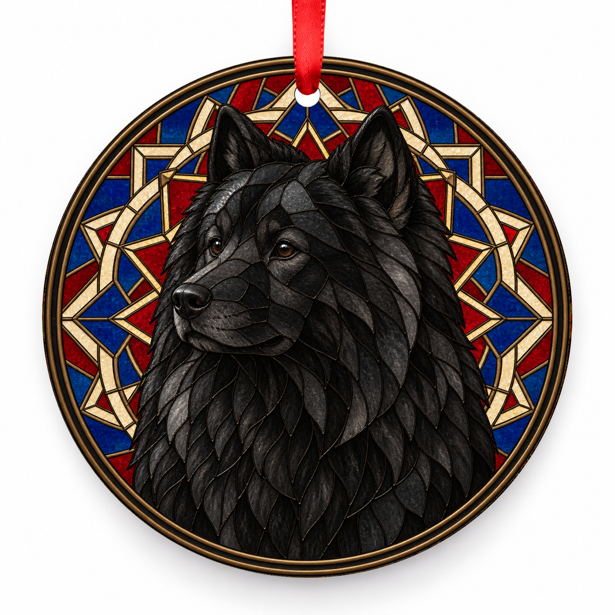 Black Eurasian stained glass style porcelain Christmas ornament with red ribbon