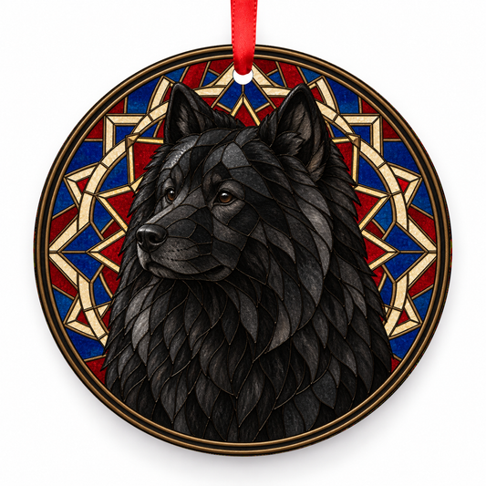 Black Eurasian stained glass style porcelain Christmas ornament with red ribbon