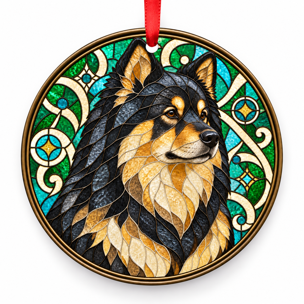 Black Tan Eurasian stained glass style porcelain Christmas ornament with red ribbon