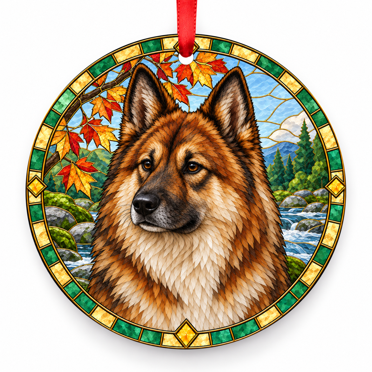 Fawn Sable Eurasian stained glass style porcelain Christmas ornament with red ribbon