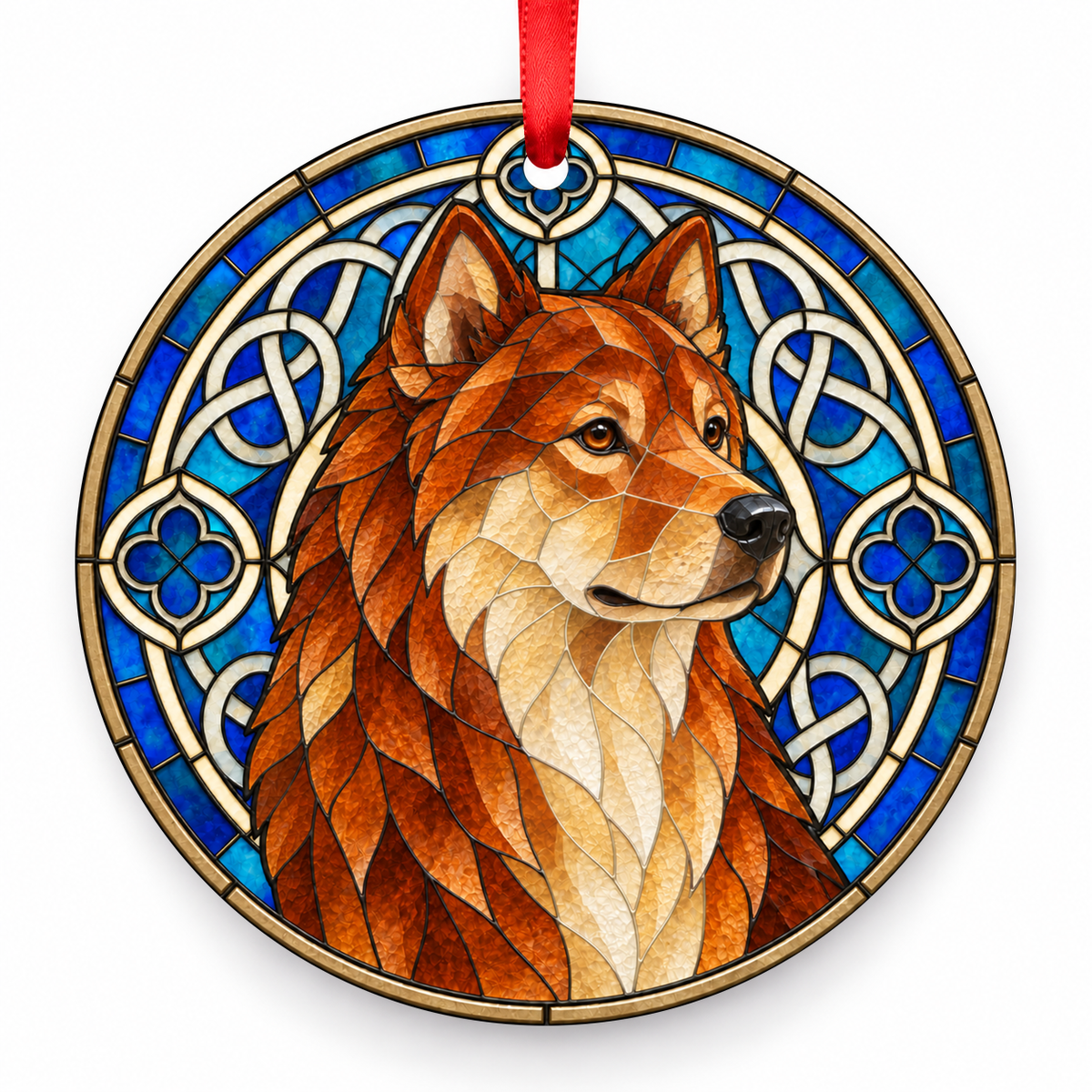 Red Eurasian stained glass style porcelain Christmas ornament with red ribbon