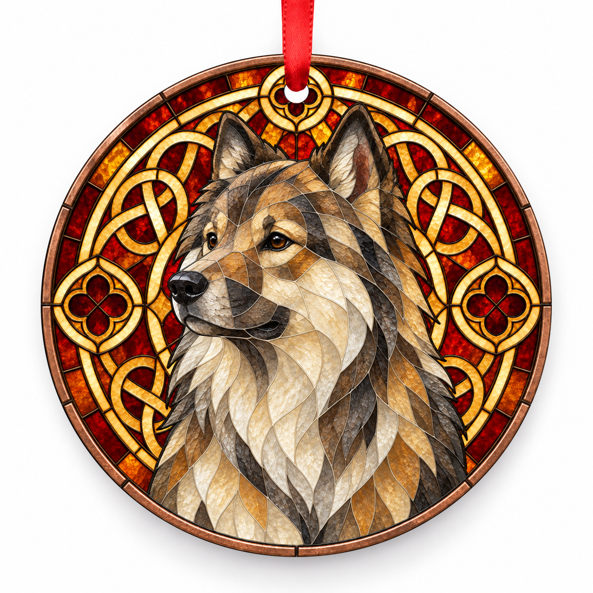 Wolf Grey Eurasian stained glass style porcelain Christmas ornament with red ribbon