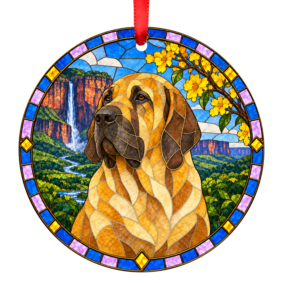 Fila Brasileiro Fawn Black Mask stained glass style Christmas ornament