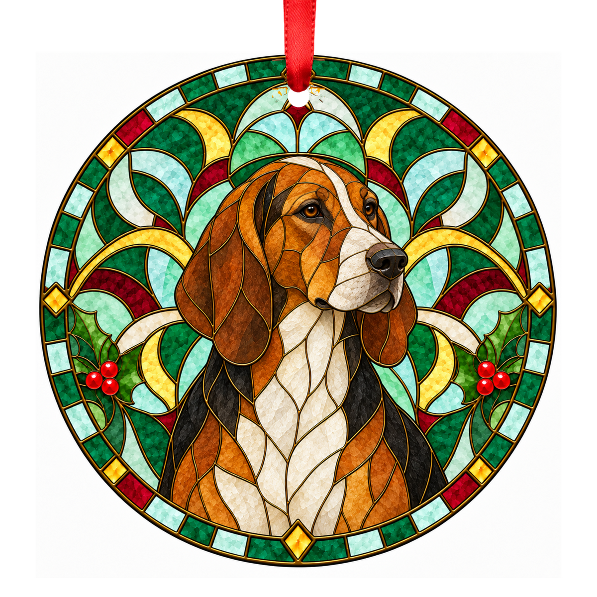 Finnish Hound Tricolor stained glass style Christmas ornament