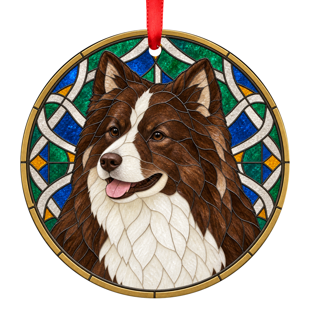 Finnish Lapphund Brown and White stained glass style Christmas ornament