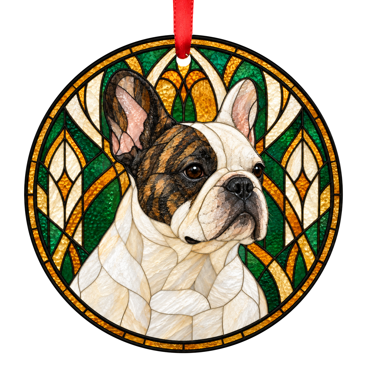 French Bulldog Brindle Pied stained glass style Christmas ornament