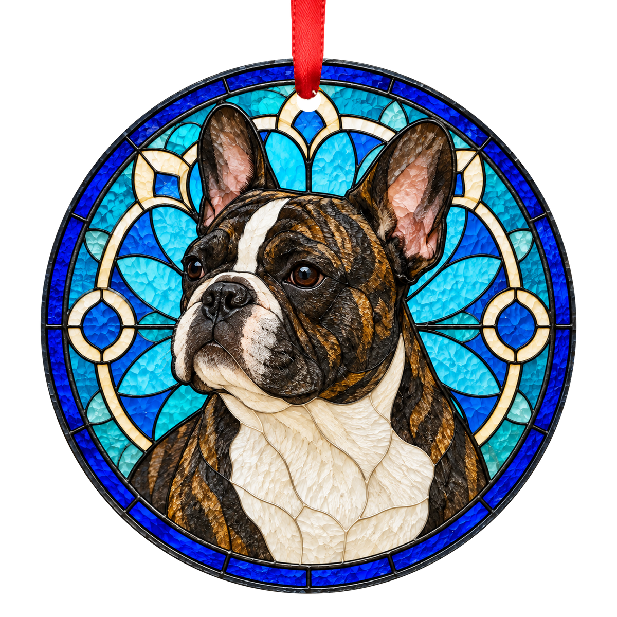 French Bulldog Brindle and White stained glass style Christmas ornament
