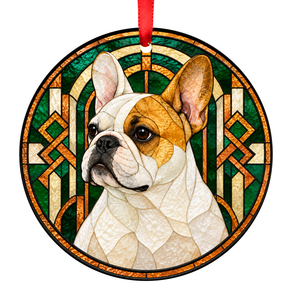 French Bulldog Fawn Pied stained glass style Christmas ornament