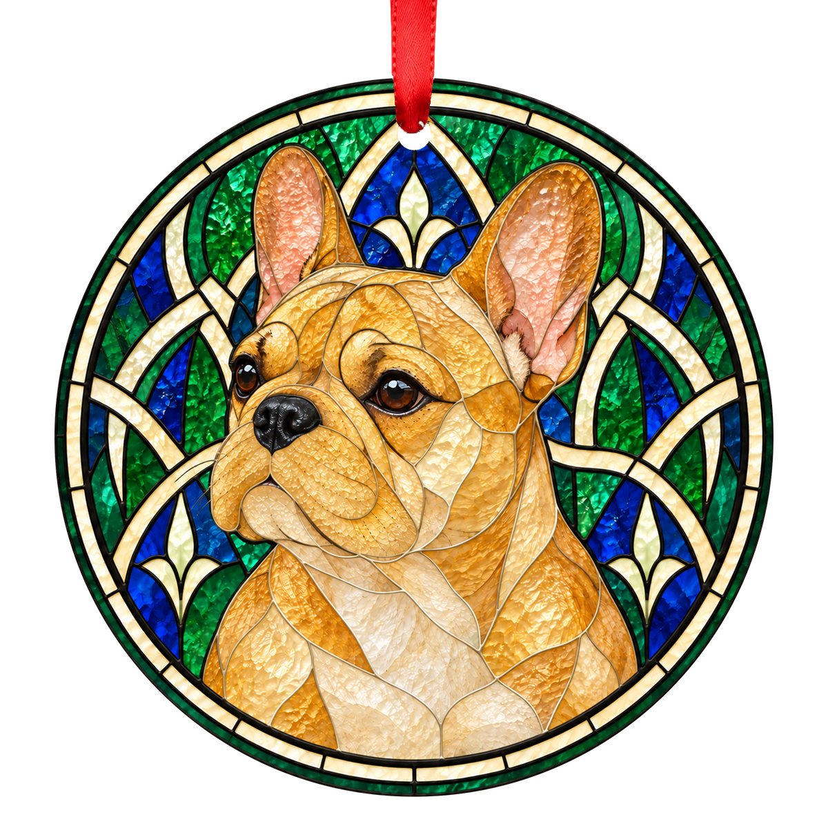 French Bulldog Fawn Unmasked stained glass style Christmas ornament