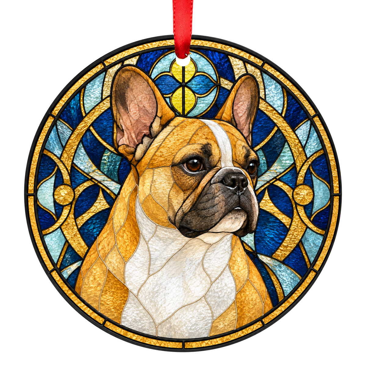 French Bulldog Fawn and White stained glass style Christmas ornament