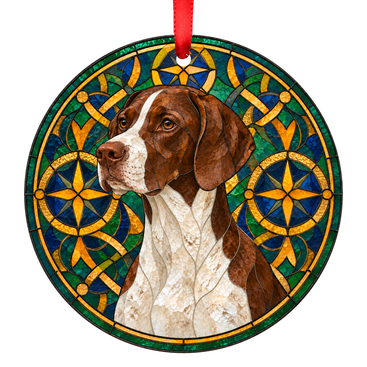 French Pointing Dog - Pyrenean Type Brown and White stained glass style Christmas ornament