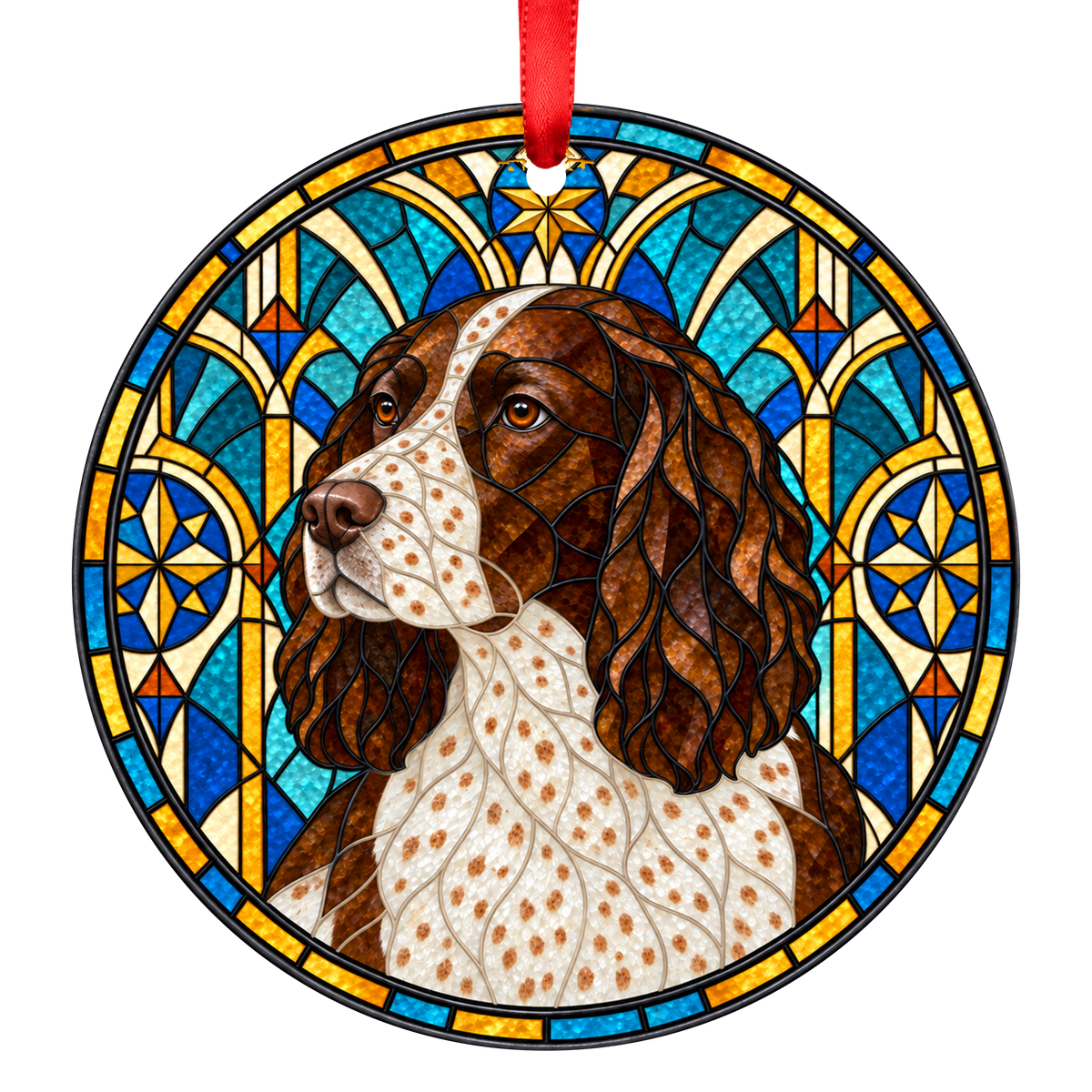 French Spaniel Brown White Roan stained glass ornament