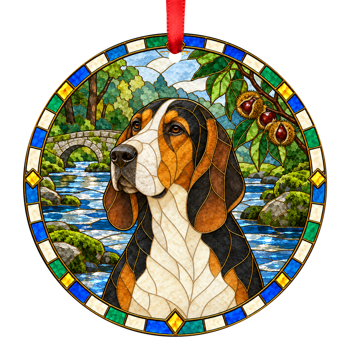 French Tricolour Hound Tricolor stained glass ornament