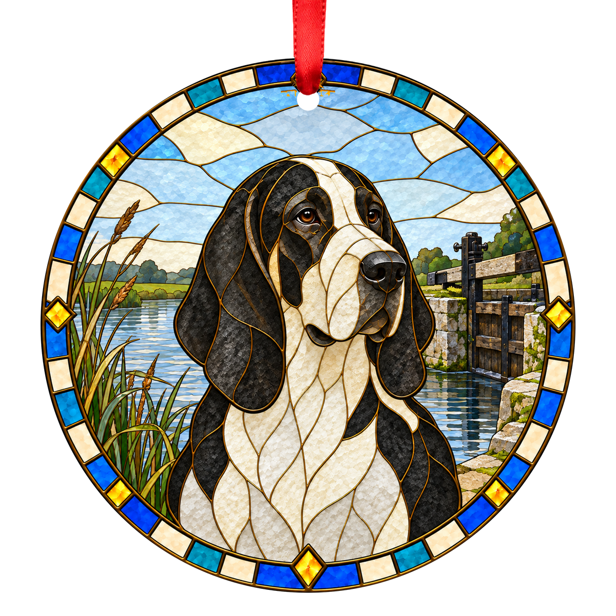 French White and Black Hound White and Black stained glass style Christmas ornament