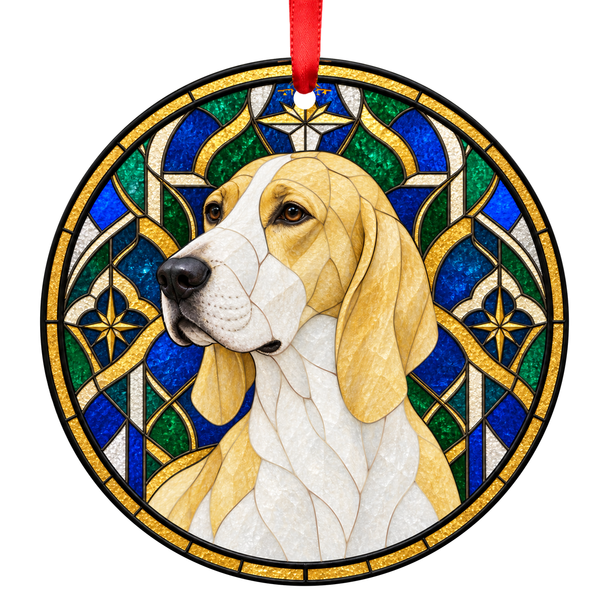 French White and Orange Hound Lemon and White porcelain Christmas ornament with red ribbon — ORN-10771